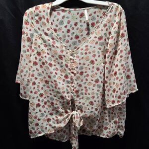 SOLE MIO Romantic Cottagecore Floral Tie Front Button Down Chiffon Sheer Blouse